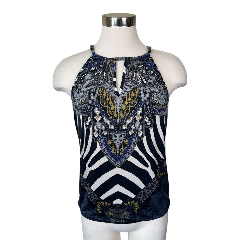 Y2K Cache Keyhole Mixed Print Sleevless Blouse Tie Back Metal Beads Top Sz XS - Picture 2 of 6